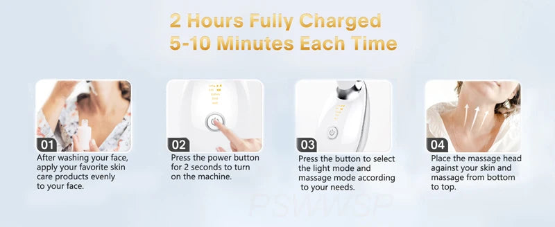 Step-by-step guide for using a facial massager device, highlighting charging and usage instructions.