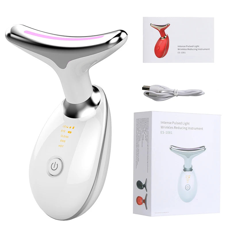 Intense pulsed light facial massager for wrinkle reduction, includes device, box, and USB cable.